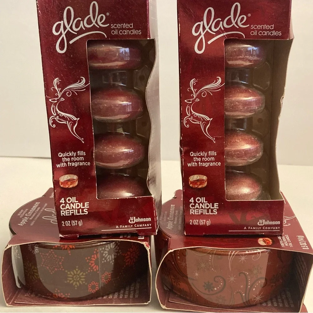 Glade Scented Oil 2 Glass Candle Holders & 2 Refills Apple Cinnamon Discontinued